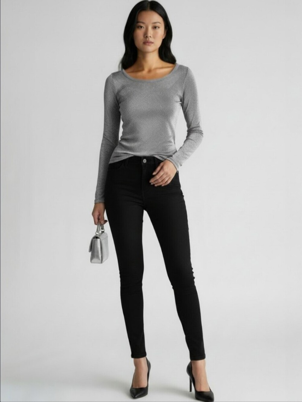 Jaanuu Lurex Silver Metallic Long Sleeve Top